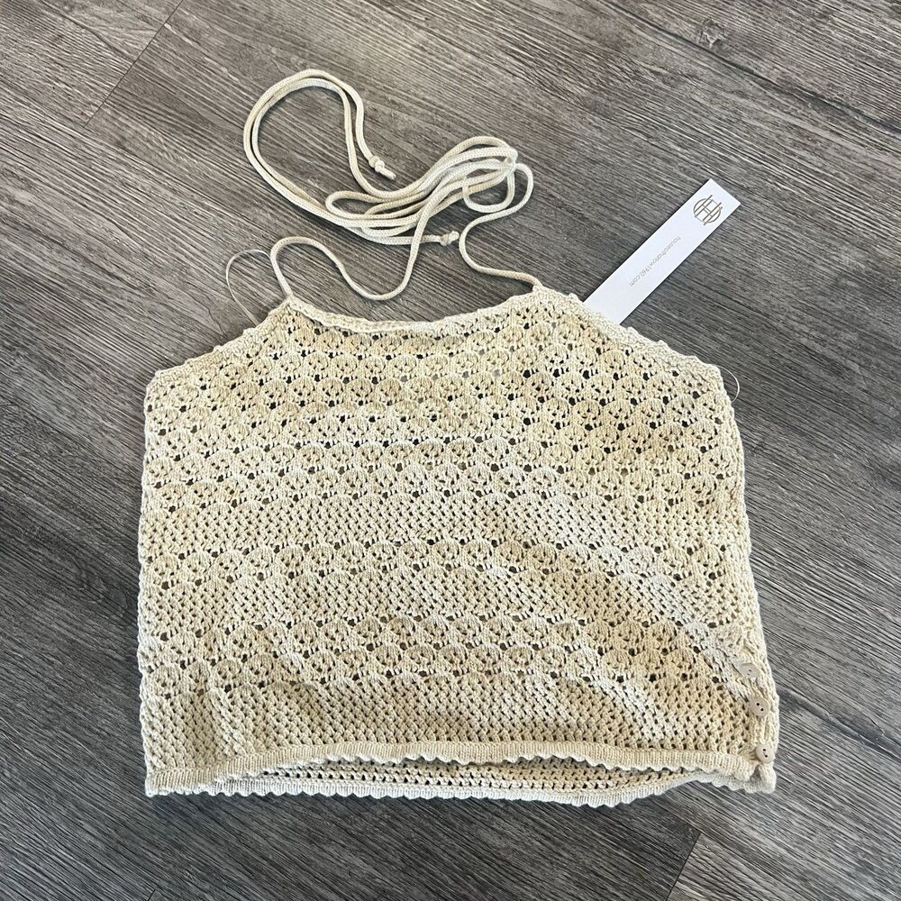 House of Harlow 1960 revolve Crochet Halter Beige Knit top only Boho Women's‎ M